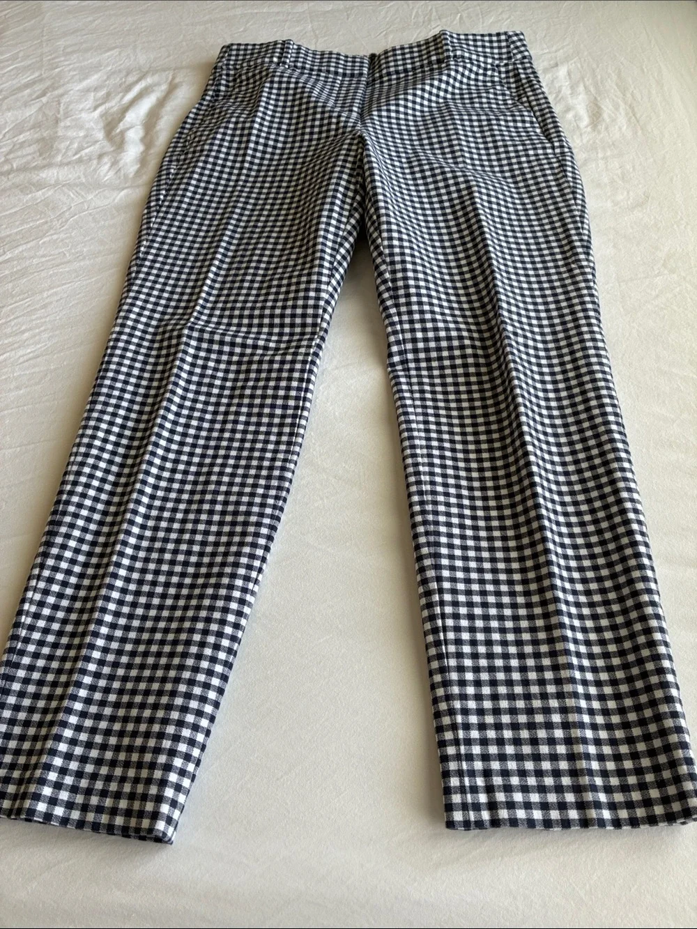 J Crew Cameron Bi-Stretch Cotton Gingham Pants in Blue and White, Size 10